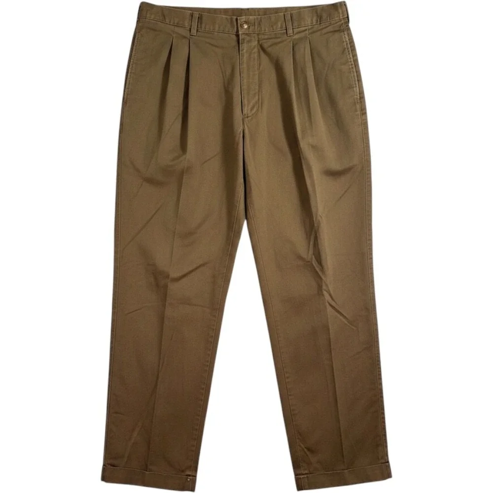 Bill Blass Chino Pants Mens 38x32 Brown Pleated Cuffed Cotton Casual